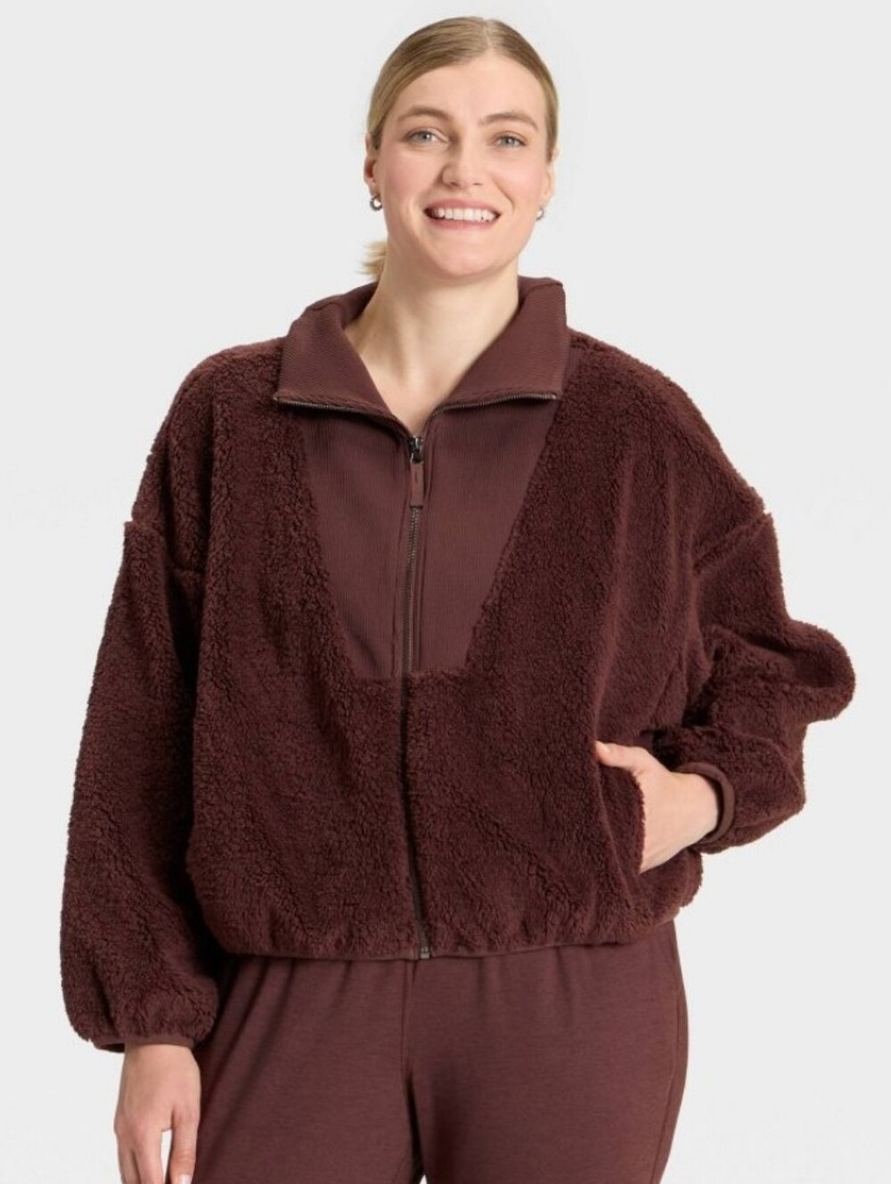 All in Mothin Women High Pile & Ribbed Mix Jacket Size Medium